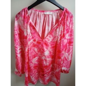 Ramy Brook Tie Dye Long Sleeve Blouse Pink White V Neck